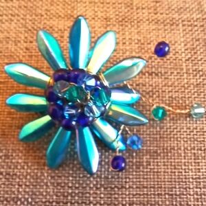 Blue Handmade Flower Brooch w/ Swarovskis and Glass Beads - New Item (1.5")